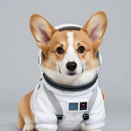 portrait of a corgi puppy wearing a space suit, kodak portra iso 5 0. anistigmat lens.