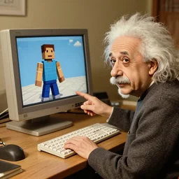 vintage photo of albert einstein playing roblox, roblox shown on the computer, einstein pointing at the computer, circa 1 6 0 0, award - winning shot