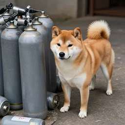 shiba inu passed out next to pile of nitrous oxide canisters. extremely realistic.