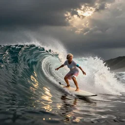 grandma surfing a wave at teahupo'o