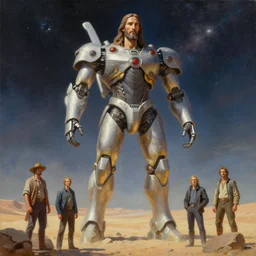 a giant statue of jesus mecha in the desert in space, tim hildebrandt, wayne barlowe, bruce pennington, donato giancola, trending on artstation, cinematic composition, beautiful lighting, hyper detailed, 8 k, oil on canvas