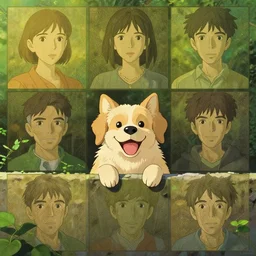 a happy dog peeking over a garden wall, high intricate details, rule of thirds, golden ratio, cinematic light, anime style, graphic novel by fiona staples and dustin nguyen, by beaststars and orange, peter elson, alan bean, studio ghibli, makoto shinkai