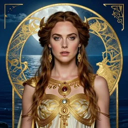 Gal gadot as the magic Greek goddess Circe, a beautiful art nouveau portrait by Gil elvgren, moonlit Mediterranean environment, centered composition, defined features, golden ratio, intricate gold jewlery