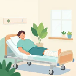 a man with a broken leg in a cast lies in a cozy hospital room with lots of vegetation and bright walls, flat design