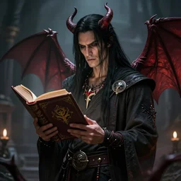 DND character concept of a man ith tan skin and long straight black hair, holding an evil demonic book, rogue class, mentally possessed by a demon