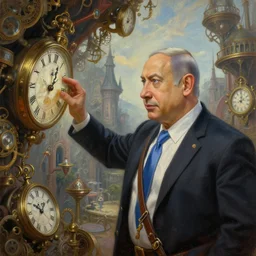 insanely detailed painting of benjamin netanyahu as an explorer, exploring a strange kingdom of clocks, clockwork, victorian architecture, depth of field, natural lighting, benjamin netanyahu, by gediminas pranckevicius