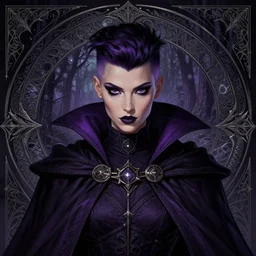 symmetrical close up portrait dark witch, adventurer outfit large cloak, fantasy forest landscape, dragon scales, fantasy magic, undercut hairstyle, short purple black fade hair, dark light night, intricate, elegant, sharp focus, illustration, highly detailed, digital painting, concept art, matte, art by wlop and artgerm and greg rutkowski and alphonse mucha, masterpiece