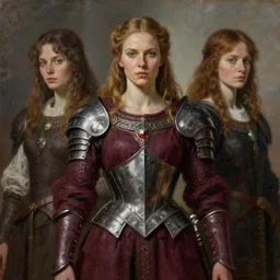 portrait of powerful medieval swedish woman wearing maroon power armor with steel overbust corset. intricate painting by ross tran, magali villeneuve, and jeremy mann.