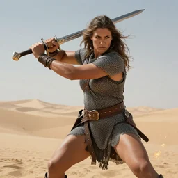 big and strong barbarian woman wielding a sword, in the desert, wearing chainmail armor, by jeff easley and larry elmore, ultrarealistic, highly detailed, soft lighing, spellfire, sharp focus, cinematic lighting, artstation, powerful presence