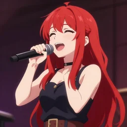 a anime girl with red hair singing her heart out