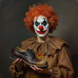 oil matte portrait, a man wearing brown rags clown wig clown nose holding a big shoe. digital painting, fantasy, concept art, cinematic colors, realistic shaded. by ilya kuvshinov, magali villeneuve, artgerm, greg rutkowski