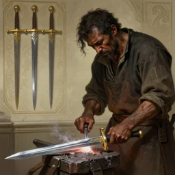 an old blacksmith forging his final sword, his sad with grief and in pain from old injuries, his wall depicts his best weapons, deep focus, D&D, fantasy, intricate, elegant, highly detailed, digital painting, artstation, concept art, matte, sharp focus, illustration, hearthstone, art by Artgerm and Greg Rutkowski and Alphonse Mucha