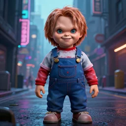 Chucky in a cyberpunk street, concept art, digital art, well detailed, trending on artstation, 8k