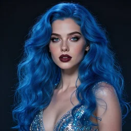 ! dream an attractive girl with blue celestial hair and dark lipstick and freckles, wearing a sparkling dress, by viktoria gavrilenko, trending on artstation, highly detailed, cinematic lighting, character concept art, movie poster art, movie concept art