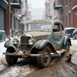street photography by saul leiter, in a very narrow snowy new york alley, award winning photo of an ultra detailed intricate dirty vintage ford car speeding very fast on mud, fast shutter speed, motion blur, tiny gaussian blur, highly detailed, highly intricate, depth of field, trending on top gear