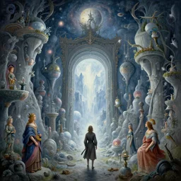 beguiling epic stunning beautiful insanely detailed matte painting of a portal through arctic dream worlds designed by heironymous bosch, by cyril rolando and asher durand and natalie shau, whimsical, intricate