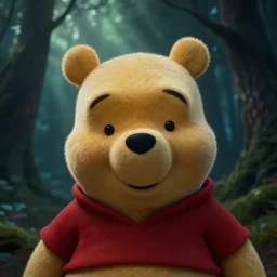 hyperrealistic still image closeup of winnie the pooh in a dark scary forest, god rays, dramatic, moody, intense, emotional, detailed