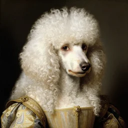 portrait of a white poodle with curly white hair as an italian queen, painting by botticelli, 1 4 8 0 s