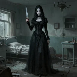 Gothic girl holding a knife and standing on an abandoned hospital room, horror sccene, elegant, volumetric lighting, digital painting, highly detailed, artstation, sharp focus, illustration, concept art, ruan jia, steve mccurry