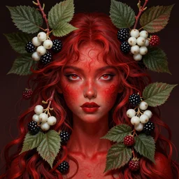 a crimson goddess, lots of branches, leaves and white berries of blackberries, wonderful eyes, symmetrical, fantasy, highly detailed, realistic, complex, fantasy, over - detailed, elegant, complex, dynamic lighting, hyperrealism, digital art, digital painting, artstation, wlop, clear focus, illustrations by filipe pagliuso and justin gerard
