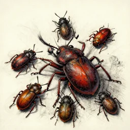 grunge sketch drawing of bugs in the style of Jacob Shaw and Rembrandt van Rijn ,creepy, surreal, trending on artstation, bold and vivid colour