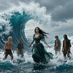 a sea witch summoning a giant wave by dan mumford and karol bak and john harris and fritz willis and victo ngai, highly detailed, photorealism, hyperrealistic