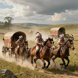 fantasy art hyper ultra 4 k photo cinematic sharp focus fantastic detail sioux indians attacking a horses pulling wagons