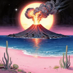 looking from space at Exploding volcano in middle of the sea with pink beach and shiny sun in back ground and alien plants on beach, overdetailed art, by greg rutkowski, by Alfons Mucha, complementing colors