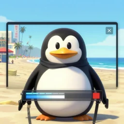 fat penguin GTA 5 loading screen, Santa Monica Beach,concept art