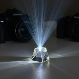 photo of a beam of light shining through a prism sitting on a table, shining through the other side, with ray showing on the table, intricate details, extremely high quality, moody lighting, real camera, real caustics, real photo, 8 k, full subject in shot