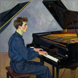 painting of a man sitting at a grand piano, but not playing. he's looking into the void. by schiele