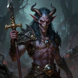 a colorful and detailed portrait of a tiefling, pathfinder portrait, demonic, demon, horror art, beast race portrait, dndart, deviantart demon portrait, 4 k, hires, grimdark, art by greg rutkowski and alphonse mucha