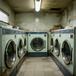photo of the inside of an old dilapidated laundromat, artstation, behance, wlop