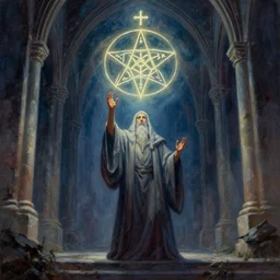 inside old church with sage mage casting pentagram spell, dark colors, acrilic paint, brush paint, heavenly atmosphere, paint, ultra detailed, beautiful image, resolution, artstation