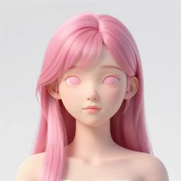 of a 2 d girl with 3 d oil pink hair realistic eyes with minimal features as ai holographic art