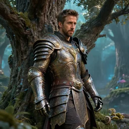 ryan reynolds wearing paladin armor leans against magical tree romance novel fantasy artwork epic detailed and intricate digital photo trending on artstation by wlop octane render