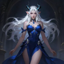 a highly detailed illustration of hot beautiful white haired horned demon girl wearing dark blue dress, dramatic flashy seductive pose, perfect body, art by artgerm and greg rutowski and ilya kuvshinov, intricate, elegant, highly detailed, centered, digital painting, artstation, concept art, smooth, sharp focus, league of legends concept art, wlop.