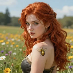 An epic fantasy comic book style portrait painting of a young red headed girl with a small golden bee tattoo on her shoulder in a field of flowers , unreal 5, DAZ, hyperrealistic, octane render, cosplay, RPG portrait, dynamic lighting