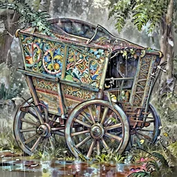 a broken down abandoned tinker ’ s wagon, ornate, beautiful, atmosphere, vibe, mist, rain, wet, puddles, fern, flowers, concept art illustration, color page, tone mapping, akihiko yoshida, james jean, andrei riabovitchev, marc simonetti, yoshitaka amano, digital illustration, greg rutowski, volumetric lighting, sunbeams, particles