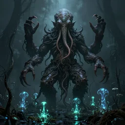 full body towering cthulhu in a dark bleak atmospheric bioluminescent swamp 8 k