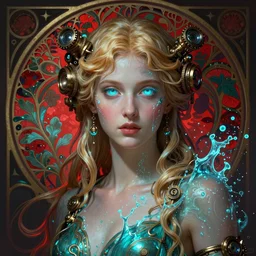 the greek goddess aphrotite, blond hair, body made of water, steampunk, beautiful glowing eyes, volumetric lights, red and cyan theme, art nouveau botanicals, intricate, highly detailed, digital painting, artstation, concept art, smooth, sharp focus, cinematic, illustration, beautiful face, art by artgerm and greg rutkowski and alphonse mucha