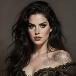 photorealistic portrait of a young butch lana del rey, handsome, female, masculine, upper body, fantasy, fierce, sharp features, intricate, elegant, highly detailed, digital painting, artstation, concept art, matte, sharp focus, illustration, art by artgerm and greg rutkowski and alphonse mucha