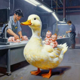 A mixed media painting of a duck worker in front of a production line with babies on it, by Frank Frazetta, Greg Rutkowski, Beeple, post-processing, low angle, masterpiece, cinematic, isometric, volumetric lighting