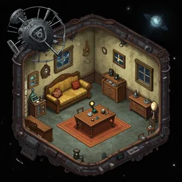 a officer's living quarters, on a space station, from a space themed point and click 2 d graphic adventure game, set design inspired by hg giger, art inspired by thomas kinkade