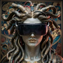 portrait of Medusa with vr headset, cyberpunk, thick cables on the head, futuristic hi-tech details, ominous, intricate, art by anthony macbain + greg rutkowski + alphonse mucha, concept art, 4k, sharp focus, cinematic unreal engine