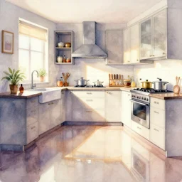 a hiper intricate watercolor of a beauty kitchen, reflexions, smooth, by william turner art, by greg rutowski,
