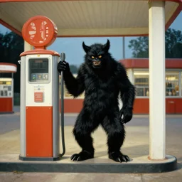 a black monster in a gas station, vintage photography of a painting by segantini