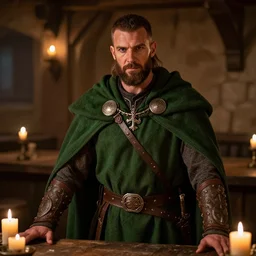 drake as a redguard in skyrim working in a tavern, green cloak, portrait, photorealistic, bethesda, warm lighting, candles