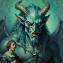 A closeup portrait of the colossal gothic blockchain demon, by Wayne Barlowe, by Sandro Botticelli, by Paul Lehr, by Bruce Pennington, oil on canvas, masterpiece, trending on artstation, featured on pixiv, cinematic composition, beautiful lighting, sharp, details, details, hyper-detailed, no frames, cyan and green, 8K