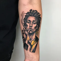 a person with a tattoo on their arm, wiz khalifa smoking tattoo, black and yellow, a tattoo by joze ciuha, trending on instagram, cubism, tattoo, clean, intricate